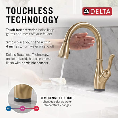 Delta Leland Touchless Kitchen Faucet with Touch Technology, Brushed Gold Kitchen Sink Faucet with Pull Down Sprayer, Single Hole, Champagne Bronze 9178TL-CZ-DST