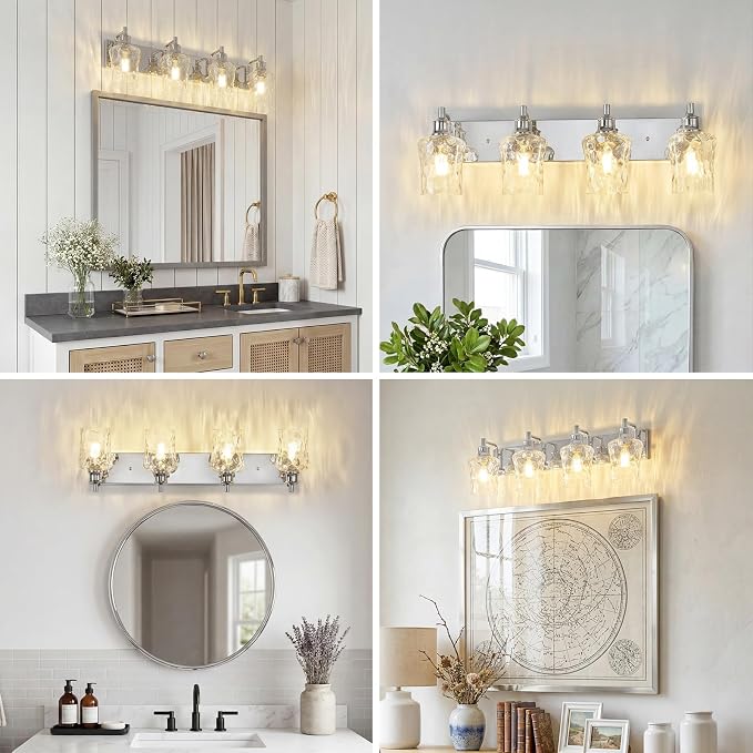 Bathroom Light Fixtures Farmhouse Chrome Vanity Lights for Bathroom Lighting Fixtures Over Mirror with Hammered Glass Lampshade for Cabinet Mirror Bedroom Hallway 4 Light