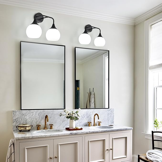 Bathroom Light Fixtures 2-Light Matte Black Vanity Light Modern Wall Sconces with Milk White Glass Shade Vanity Lights for Bathroom(Exclude E26 Bulb)