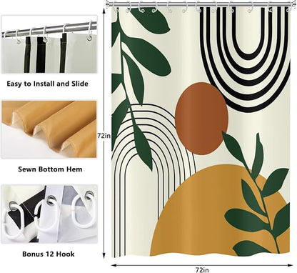 Abstract Boho Mid Century Shower Curtains for Bathroom Geometric Leaves Moon Phase Beige Modern Minimalistic Plant Fabric Waterproof Bathroom Curtain Decor Set with 12 Hooks 72x72 Inch