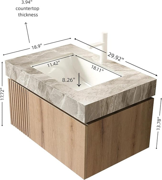 KEIKI 30 Inch Floating Bathroom Vanity with Sink, Modern Wall Mounted Storage Cabinet with Drawer, Pre-Assembled Waterproof Wood Panels, Sintered Stone Top & Ceramic Basin Combo Set, White Oak & Grey