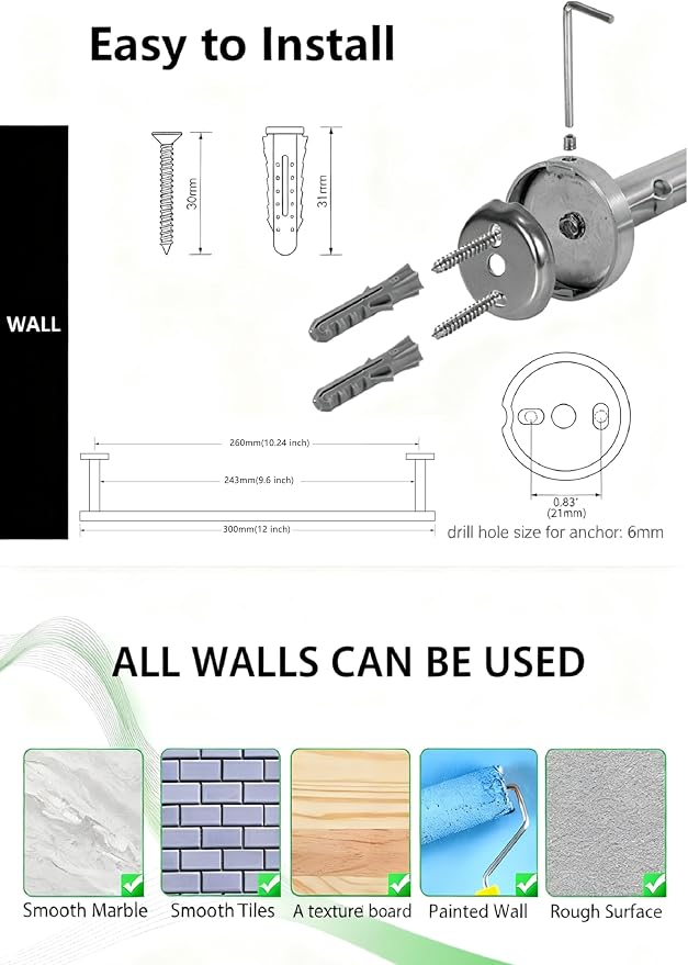 SEIDO 12 Inch Polished Chrome Towel Bar (2-Pack) for Small Spaces, Double Locking Anti-Drop Bathroom Towel Holder, SUS 304 Stainless Steel Towel Rack Wall Mounted, 9.6" Usable Length, Mounting Kit