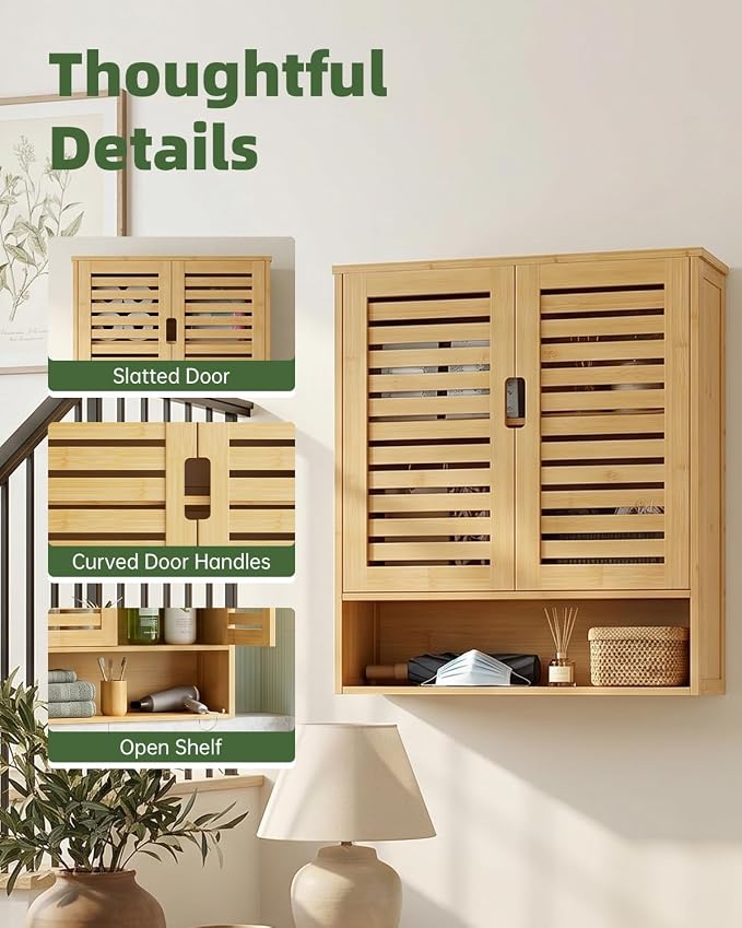 SMIBUY Bathroom Cabinet Wall Mounted, Bamboo Over-The-Toilet Storage Organizer, Space Saver Medicine Cabinet with 2 Door and Adjustable Shelves (Natural)