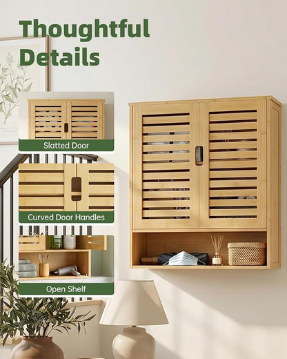 SMIBUY Bathroom Cabinet Wall Mounted, Bamboo Over-The-Toilet Storage Organizer, Space Saver Medicine Cabinet with 2 Door and Adjustable Shelves (Natural)