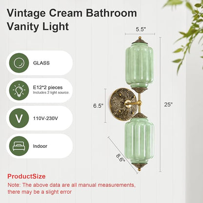 Vintage Milk Glass Bathroom Vanity Light, 2-Light Vintage Wall Sconce with Antique Brass Finish Base & Green Glass Shad, Wall Sconce Lighting for Mirror, Living Room, Gallery (Bulbs Included)