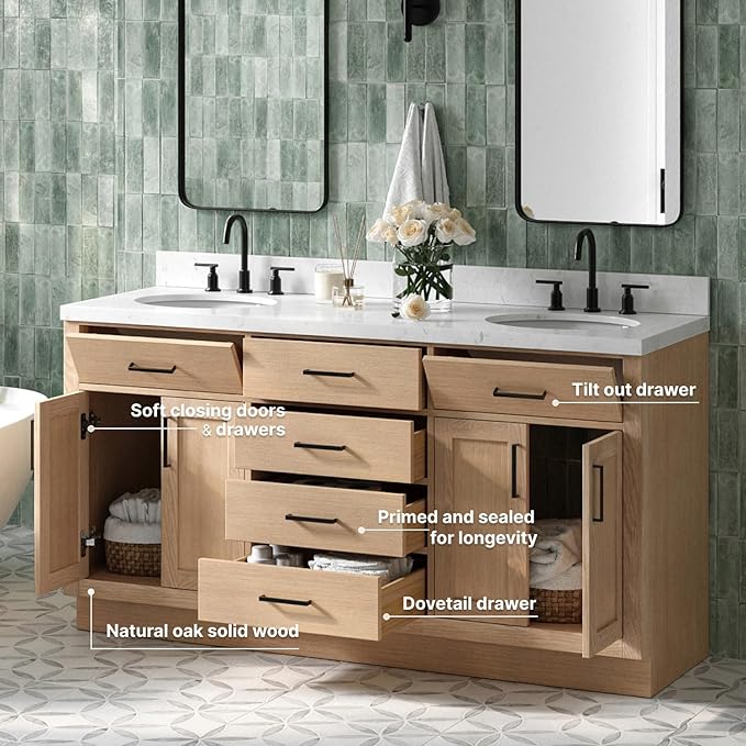 ARIEL Hepburn 66-inch Bathroom Vanity with Sink,Solid Wood, 1.5-inch Carrara White Quartz Countertop & Backsplash, Double Oval Porcelain Sink, 4 Soft Closing Doors, 6 Dovetail Drawers, White Oak