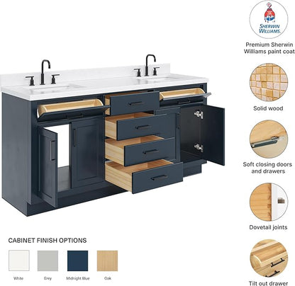 DKB Isabella 72 Inch Bathroom Vanity Double Sink — Midnight Blue Bathroom Vanity with Sink, 1.5" Edge Carrara White Quartz Countertop, 4 Soft-Close Doors, 4 Dovetail Drawers, and 2 Tilt Drawers