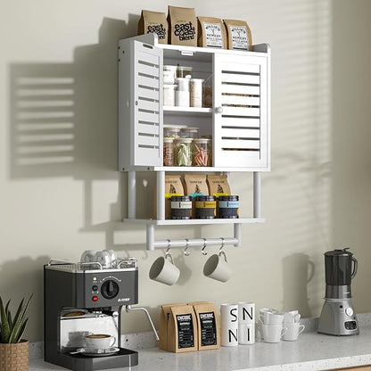 Bathroom Wall Cabinet, Over The Toilet Storage Cabinet with Adjustable Shelves, White Medicine Cabinets with Towel Bar, Bamboo Wall Mounted Hanging Cabinet with 2 Door for Laundry Room, White