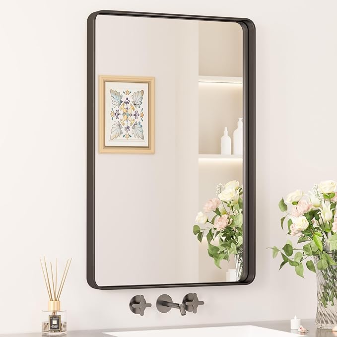 Keonjinn Black Bathroom Mirror, 20 x 30 Inch Rounded Rectangle Bathroom Mirrors for Over Sink Sandblasted Finish, Matte Black Farmhouse Vanity Mirror for Wall with Seamless Frame and HD Tempered Glass