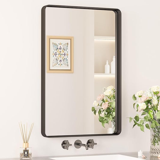 Keonjinn Black Bathroom Mirror, 20 x 30 Inch Rounded Rectangle Bathroom Mirrors for Over Sink Sandblasted Finish, Matte Black Farmhouse Vanity Mirror for Wall with Seamless Frame and HD Tempered Glass