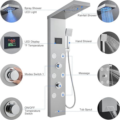 Stainless Steel Shower Panel Tower System with LED lights(No battery need), Hydroelectric LED Rainfall Shower Tower System with 6 Pcs Body Jets, Brushed Nickel