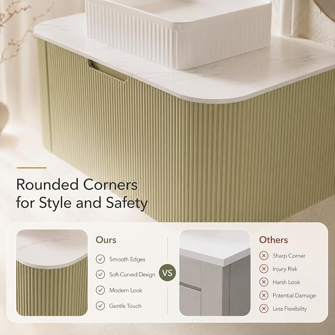 36 Inch Bathroom Vanity with Sink, Floating Wall Mounted Single Sink Vanity, Sage Green Curved Fluted Front, Stone Top, White Textured Rectangular Vessel Basin, Pre-Assembled