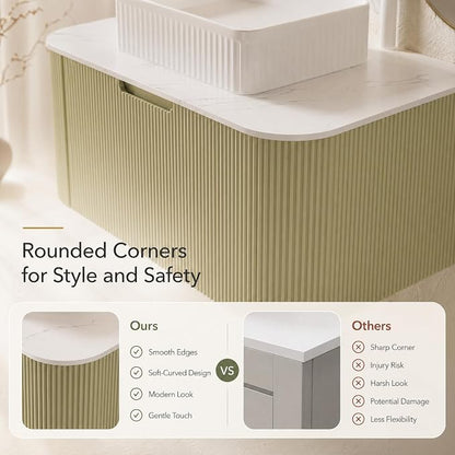 36 Inch Bathroom Vanity with Sink, Floating Wall Mounted Single Sink Vanity, Sage Green Curved Fluted Front, Stone Top, White Textured Rectangular Vessel Basin, Pre-Assembled