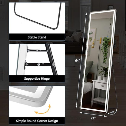 DUMOS 21"x 64" LED Full Length Mirror with Lights, Lighted Floor Full Body Mirrors with 3 Color Lighting, Wall Mounted Stand Mirror for Bedroom, Dressing Room, Living Room, Bathroom