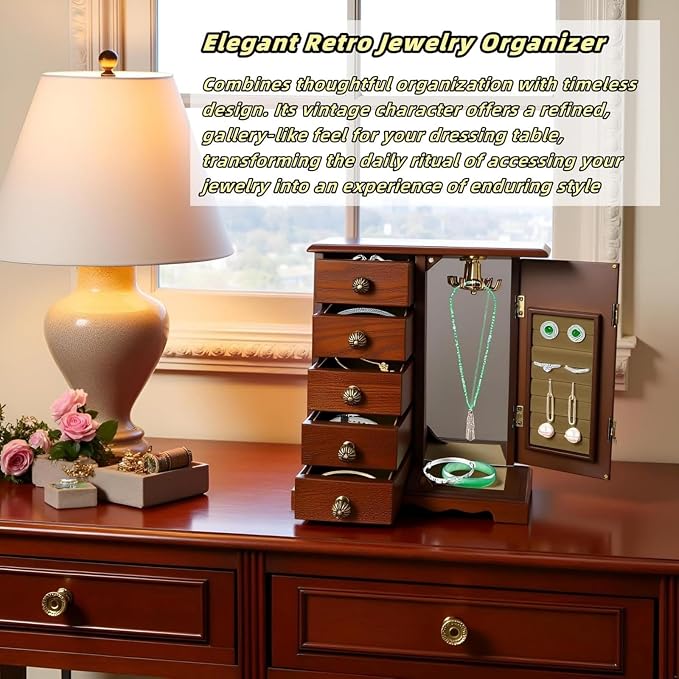 Vintage Wood Jewelry Box with 5 Drawers, Desktop Jewelry Organizer with Glass Door & Mirror, Necklace Ring Storage Display Case Built-in Necklace Carousel, Brown (Dark Brown, 5 Drawers)