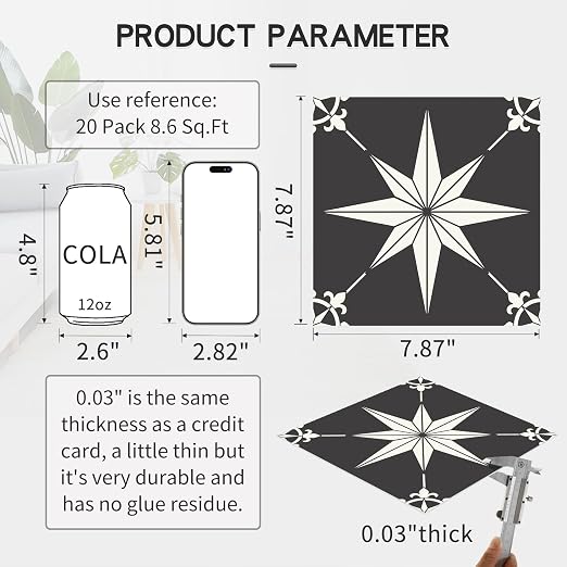 MORCART 20PCS 7.87" x 7.87" Peel and Stick Floor Tile, Black and White | Self-Adhesive DIY Vinyl Flooring, Removable and Waterproof Tile Sticker for Bathroom, Kitchen, Wall, Bedroom, Stairs