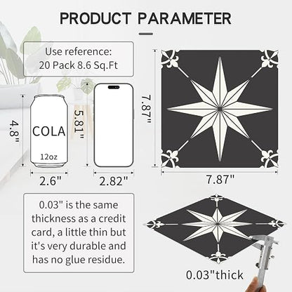 MORCART 20PCS 7.87" x 7.87" Peel and Stick Floor Tile, Black and White | Self-Adhesive DIY Vinyl Flooring, Removable and Waterproof Tile Sticker for Bathroom, Kitchen, Wall, Bedroom, Stairs