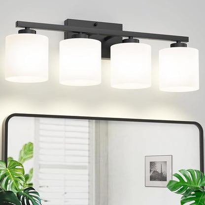 Honesorn 4-Light Vanity Lights, Matte Black Bathroom Light Fixtures | Black Bathroom Vanity Light, Wall Sconces with Milky White Frosted Shades Bedroom,E26 Socket(Bulbs Not Included)