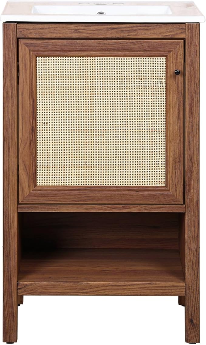 JONATHAN Y VAN1022B Jasper 20 in. W x 18 in. D x 33 in. H Rattan Modern Coastal 2-Shelf Bathroom Vanity Cabinet Only with Soft Closing Doors (Sink Basin Not Included), Walnut