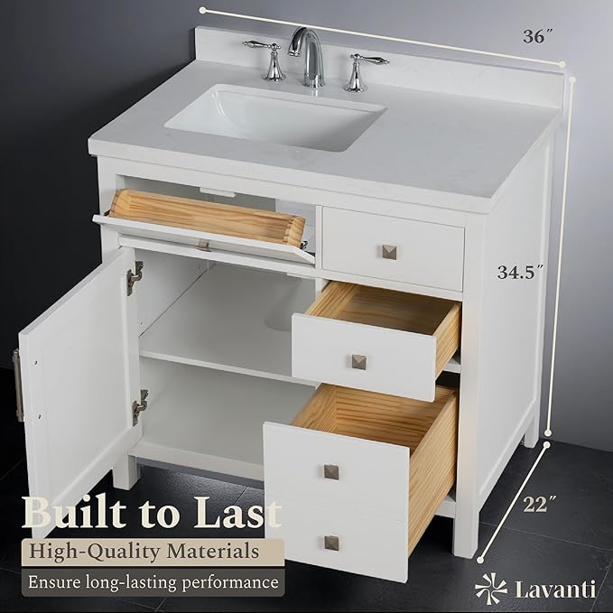 Lavanti Oakford 36 Inch Bathroom Vanity with Sink – Stylish White Vanity Bathroom with Storage Cabinet – Modern Bathroom Vanities with Single Vanity Sink & Quartz Countertop