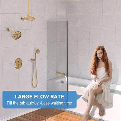 Enga Antique Shower Faucet Sets Dual Heads with Tub Spout 8" Ceiling & 6" Wall Mount Vintage Shower Head Handheld Spray Combo, 4 Way Diverter Brass with Trim Kit, Bright Gold