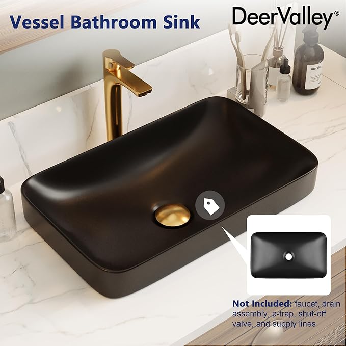 DeerValley Matte Black Semi-Recessed Rectangle Vessel Sink 18.9x11.61 Inch, Above Counter Ceramic Vanity Basin for Modern Bathroom Decor