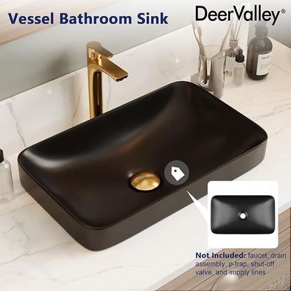 DeerValley Matte Black Semi-Recessed Rectangle Vessel Sink 18.9x11.61 Inch, Above Counter Ceramic Vanity Basin for Modern Bathroom Decor
