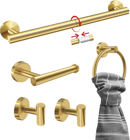 5PCS Brushed Gold Bathroom Accessories Set, Bathroom Hardware Set | Splicing 24 Inch Stainless Steel Bath Towel Bar Set, Gold Bathroom Accessories Wall Mounted
