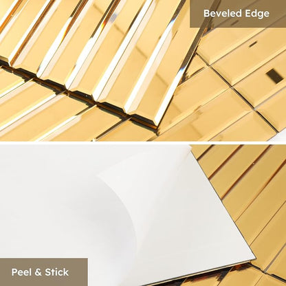 Peel and Stick Mirror Backsplash Tile, Gold, 11.8 x 11.8 Inch, Beveled Mirror Strip Tile for Kitchen Bathroom Bar Accent Wall, Pack of 5 Sheets