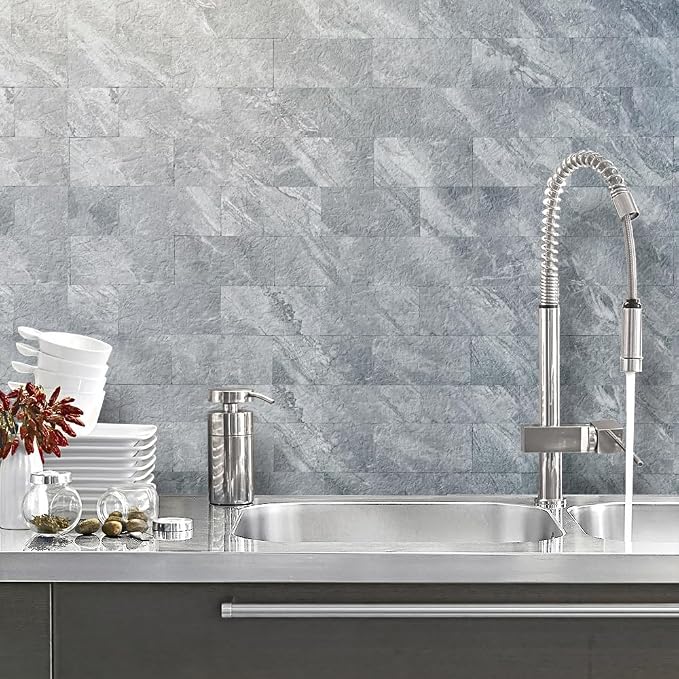 AULIGET 100-Piece Peel and Stick Backsplash Wall Tiles, 3" x 6" PVC Grey Marble Faux Stick on Tiles for Backsplash Kitchen, Bathroom, Laundry Room, Camper, Fireplace