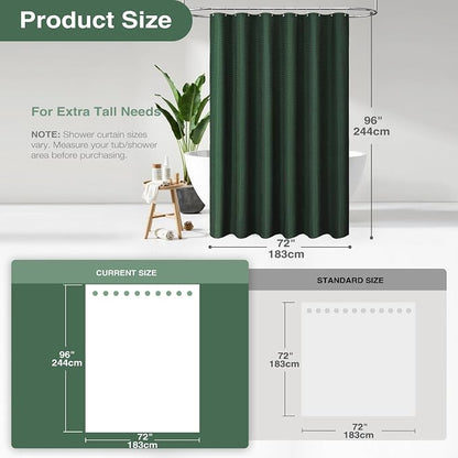Extra Long Waffle Shower Curtain 256 GSM Fabric 72x96 Dark Green | 96 Inch Tall, Thick Cloth, Weighted Hem, Water Repellent, Hotel Luxury Polyester Shower Curtain Set for Bathroom 12 Hooks