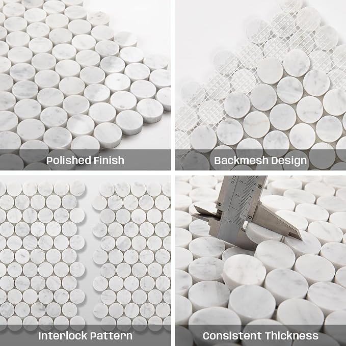 Carrara White Marble Mosaic Tile for Kitchen Bathroom Floor 1 Inch Penny | Water & Heat Resistant Polished Marble Backsplash Tiles for Wall Floor Fireplace Surround Durable Unique Veins 4.8SQFT