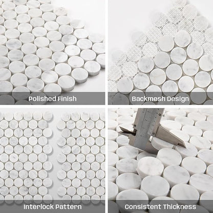 Carrara White Marble Mosaic Tile for Kitchen Bathroom Floor 1 Inch Penny | Water & Heat Resistant Polished Marble Backsplash Tiles for Wall Floor Fireplace Surround Durable Unique Veins 4.8SQFT