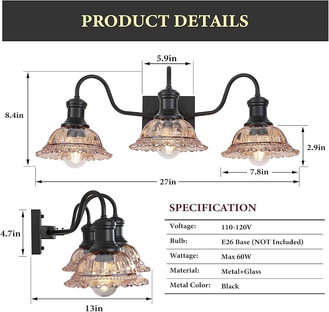 Farmhouse Vanity Lights 3-Light, Black Bathroom Light Fixtures with Amber Glass Shade, Vintage Vanity Lights Over Mirror, Farmhouse Wall Sconce for Bathroom, Vanity Table, Foyer