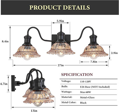Farmhouse Vanity Lights 3-Light, Black Bathroom Light Fixtures with Amber Glass Shade, Vintage Vanity Lights Over Mirror, Farmhouse Wall Sconce for Bathroom, Vanity Table, Foyer