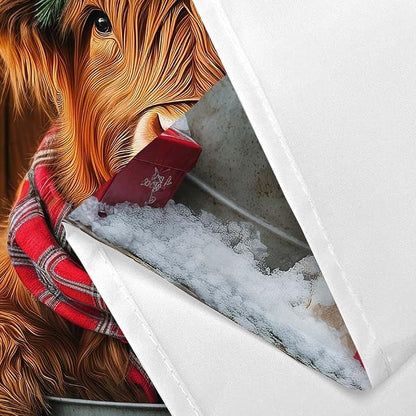 Christmas Highland Cow Shower Curtain, Winter Funny Cow Rustic Western Farmhouse Brown Wood Board Shower Curtain Set Bathroom, Xmas Snowflake Holiday Fabric Bath Decor with Hooks 70X70IN