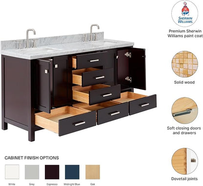 Beckford 66" Espresso Double Bathroom Vanity with 1.5" Italian Carrara Marble Countertop, 2 Rectangular Undermount Sinks, 4 Soft Closing Shaker Doors, 6 Dovetail Drawers