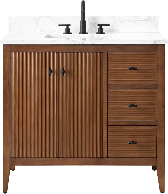 Vanity Art 36 inch Walnut Bathroom Vanity with Single Sink & Ceramic Top, Vanity Cabinet with Soft-Closing Door, Solid Wood Frame, Linear Pattern, Walnut, VA9136-Walnut-MB,Matte Black Handles