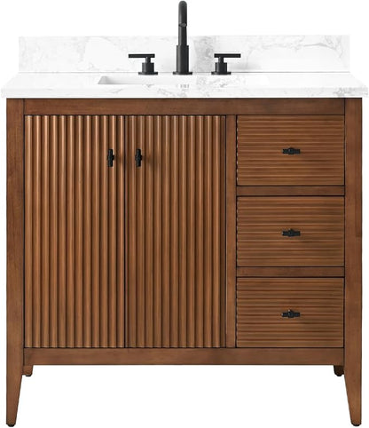 Vanity Art 36 inch Walnut Bathroom Vanity with Single Sink & Ceramic Top, Vanity Cabinet with Soft-Closing Door, Solid Wood Frame, Linear Pattern, Walnut, VA9136-Walnut-MB,Matte Black Handles