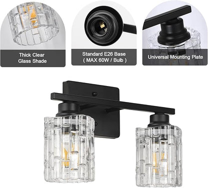 Refice 2-Light Bathroom Vanity Lights Crystal Glass, Black | Bathroom Light Fixtures Vanity Lighting Over Mirror for Living Room Farmhouse, Hallway