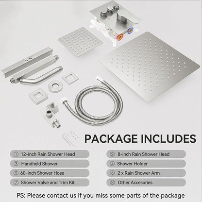 Shower Faucet Set Brushed Nickel Shower System,STARBATH 12+6" Rainfall Shower Head with Handheld 2 Spray High Pressure, Push Button Diverter Shower Valve Can Run All Together