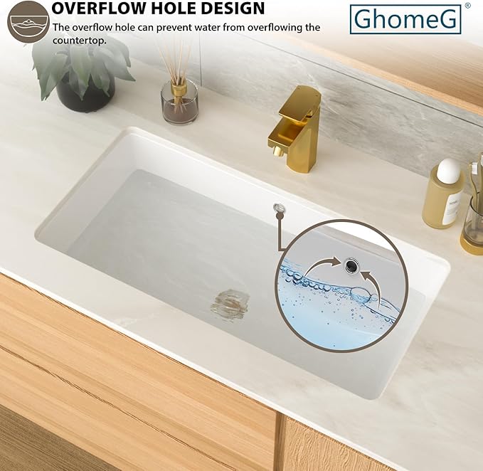 Undermount Bathroom Sink Rectangle 28x14 Inch White Rectangular Porcelain Ceramic Vessel Sink with Overflow Under Counter Lavatory Vanity