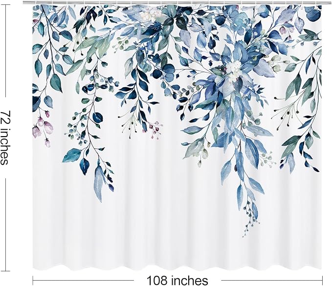 Blue Eucalyptus Shower Curtain, Watercolor Floral Print, 108x72 | Watercolor Plant Leaves Floral Print, Extra Wide Waterproof Fabric Bathroom Decor, Machine Washable, Rustproof Grommets