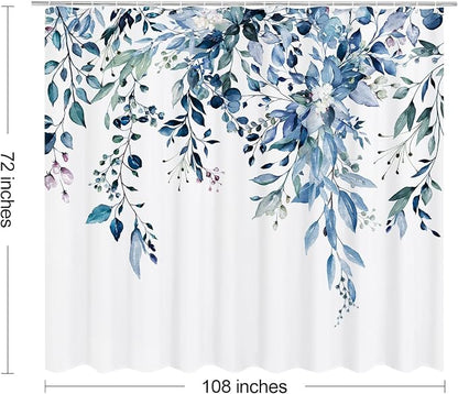 Blue Eucalyptus Shower Curtain, Watercolor Floral Print, 108x72 | Watercolor Plant Leaves Floral Print, Extra Wide Waterproof Fabric Bathroom Decor, Machine Washable, Rustproof Grommets