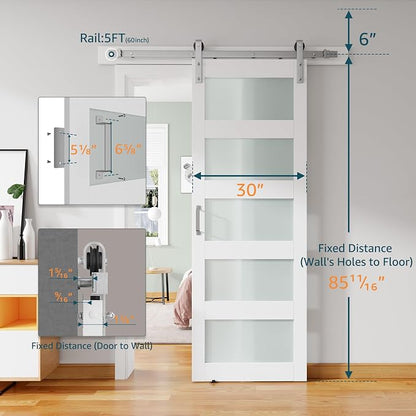 30'' x 84'' Glass Barn Door and 5FT Brushed Nickel Hardware Kit | MDF White Barn Door Slab with Frosted Glass, PVC Surface, Combined with Handle and Floor Guide-Assembly Required