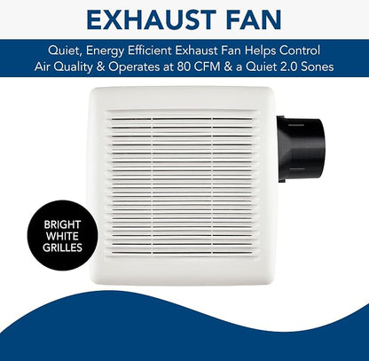 Broan-NuTone A80 Ventilation Fan with Roomside Installation, 80 CFM, 2.0 Sones White & AE110 Invent Flex ENERGY STAR Qualified Single-Speed Ventilation Fan, 110 CFM 1.0 Sones, White