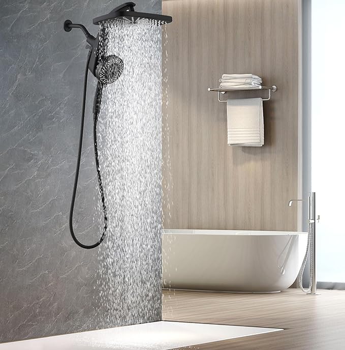 12" High Pressue Rain Shower Head with Handheld, 9 Sprays Hand Showerhead | Shower Heads with Handheld Spray Combo, Dual Head, Built-in Magnetic Docking, Power Jets, 59" Shower Hose, Black 1.75GPM