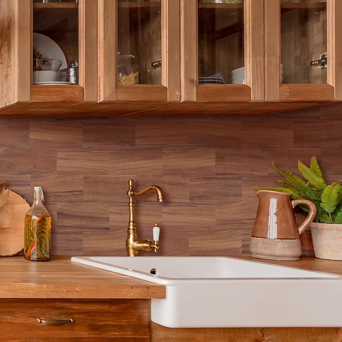 2026 New Upgrade Peel and Stick Backsplash Tile, Peel and Stick 11.34" X 11.57" Wall Tile for Kitchen, Bathroom, Fireplace, Laundry (Brown Woodgrain, 5 Packs)