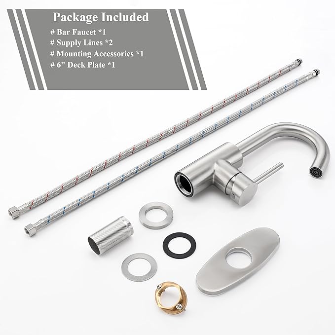 Brushed Nickel Bar Sink Faucet, Wet bar Faucet with 3 Hole Deck Plate and Supply Lines, Stainless Steel Single Handle Faucet for Bar Sink, Bathroom and Mini Kitchen Sink JU1100-BN