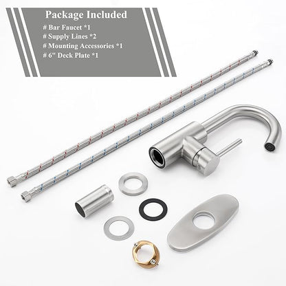 Brushed Nickel Bar Sink Faucet, Wet bar Faucet with 3 Hole Deck Plate and Supply Lines, Stainless Steel Single Handle Faucet for Bar Sink, Bathroom and Mini Kitchen Sink JU1100-BN